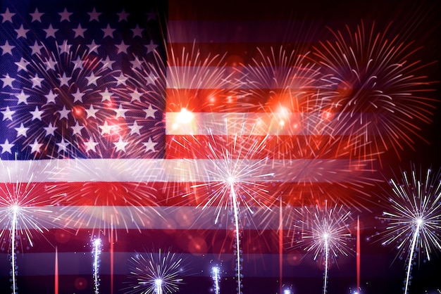 Us flags with fireworks collage