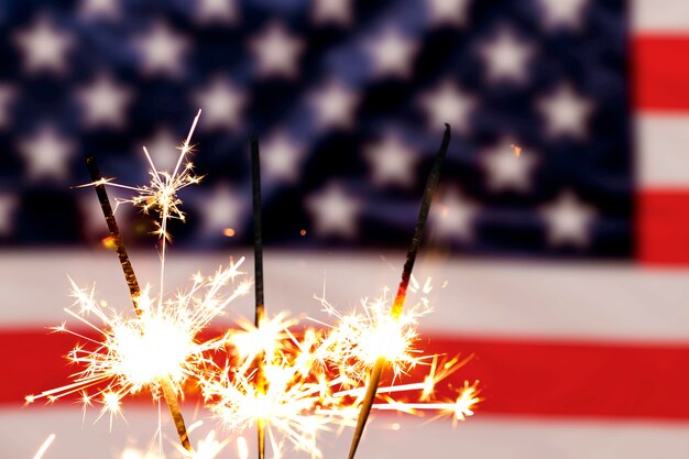 Us flags with fireworks collage