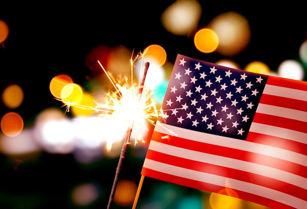 Us flags with fireworks collage