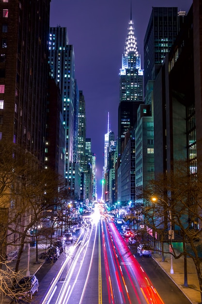 USA, New York City. Manhattan. Night 42 st. High buildings, street lights and car headlights