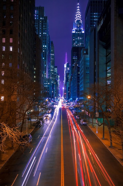 USA New York City Night illumination and traffic on 42nd street