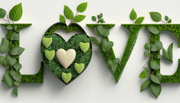 Photo valentine decoration love symbol creative text with natural green leaves