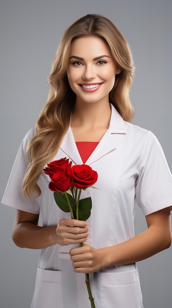 Valentines Day flowers are being held by a lovely young doctor against a white background Generative AI