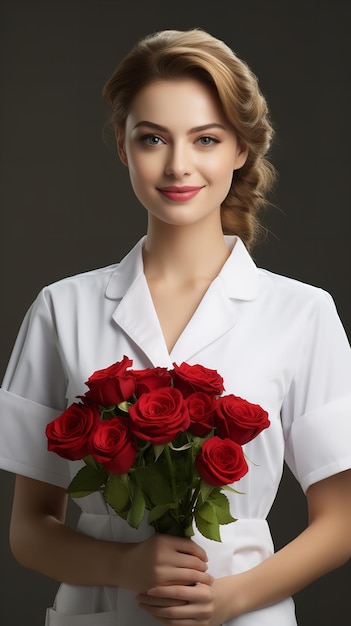 Valentines Day flowers are being held by a lovely young doctor against a white background Generative AI