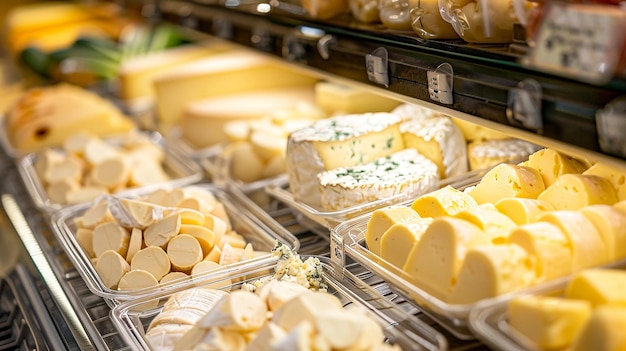 various cheeses on display in a store