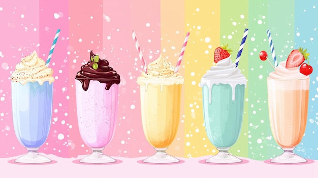 Photo various colorful milkshakes with whipped cream and toppings