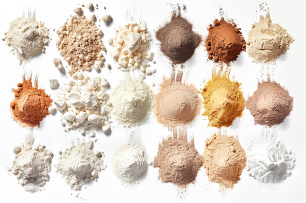 Photo various types of powdered food ingredients on a white background