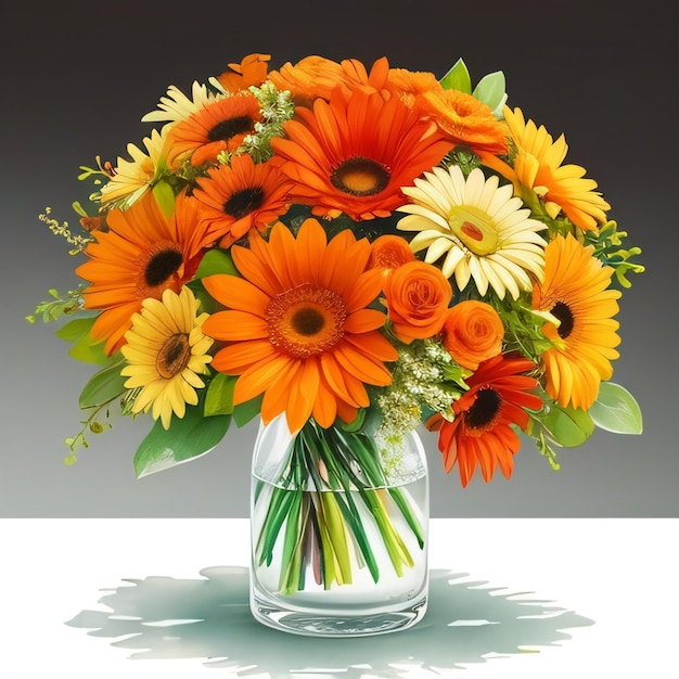 A vase of orange and white flowers with green leaves and white flowers.