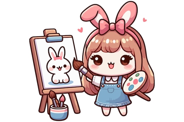 Photo vector a girl is painting a picture of a bunny and a picture of a bunny on a white background