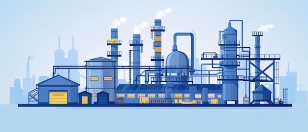 Photo vector graphic design of an industrial manufacturing plant with smokestacks against a city backdrop