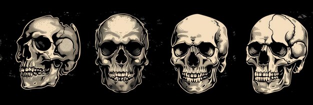 Photo a vector illustration of five skulls in different angles in the hand drawn style on a dark background as a vector art illustration