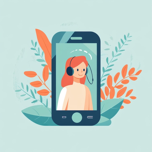 Photo vector illustration of a girl in a headset on the phone screen