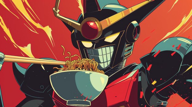 Photo vector illustration of a robot eating noodles in a bowl with chopsticks