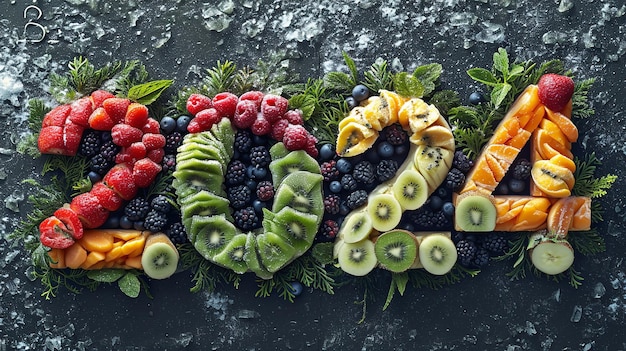 Vegetables fruits and fish on a black backdrop symbolize the year 2024 fresh Generative AI