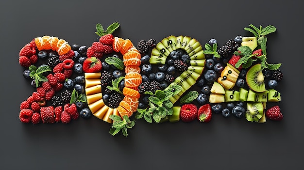 Vegetables fruits and fish on a black backdrop symbolize the year 2024 fresh Generative AI