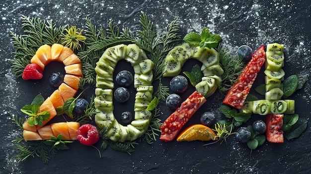 Vegetables fruits and fish on a black backdrop symbolize the year 2024 fresh Generative AI