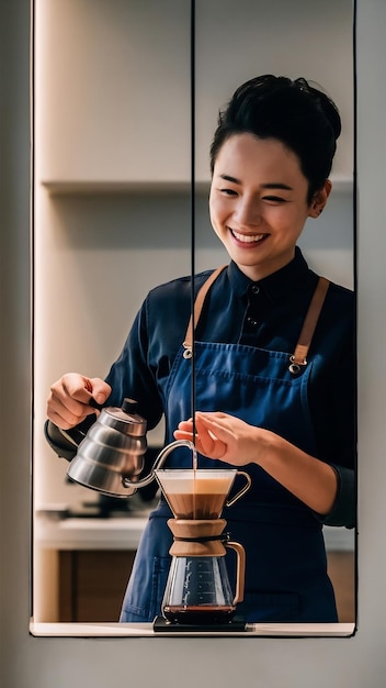 Photo vertical shot of smiling asian bartender barista in blue apron pouring water with small kettle brew