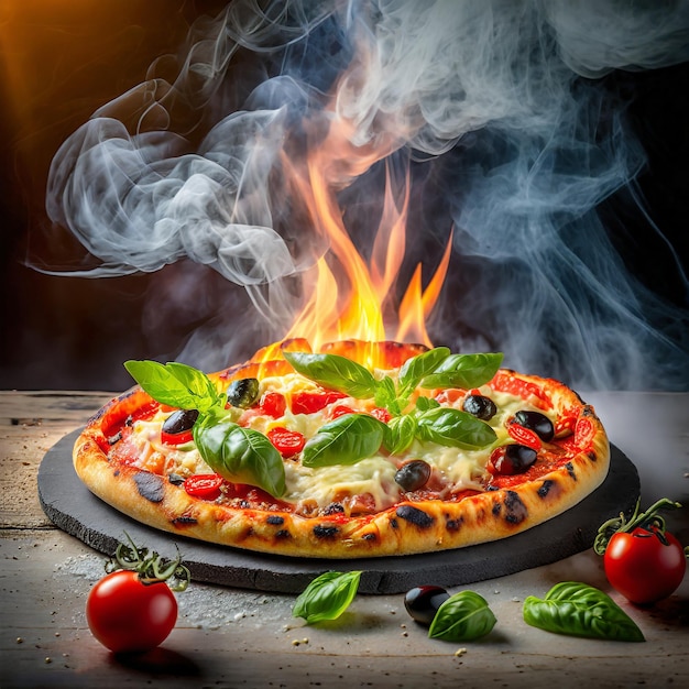 Very hot mixed pizza with various ingridients and smoke