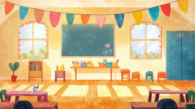 Photo vibrant classroom setup with colorful decor and empty chairs cartoon style