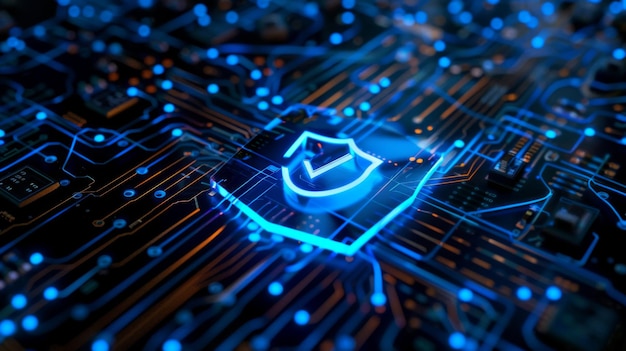 Photo vibrant digital shield symbol on a circuit board illustrating the concept of cybersecurity and data protection