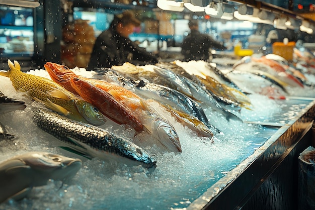 Foto un vivace mercato del pesce con un'ampia gamma di frutti di mare