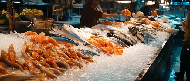 Foto un vivace mercato del pesce con un'ampia gamma di frutti di mare