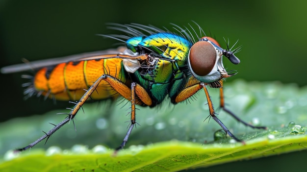 Vibrant Fly Perched on DewCovered Leaf