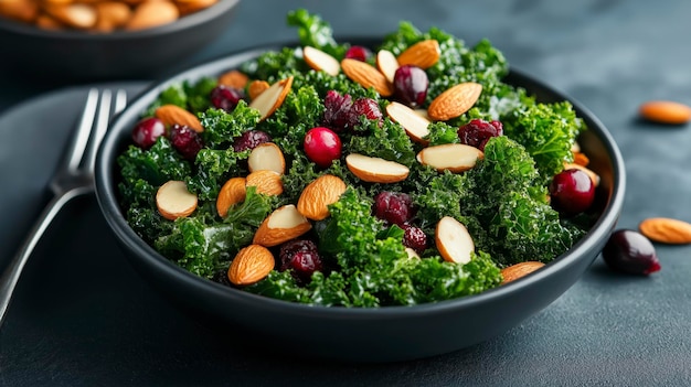 A vibrant kale salad topped with almonds and cranberries in a dark bowl