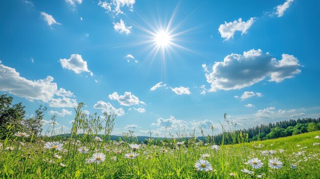 Photo a vibrant landscape featuring a sunny sky fluffy clouds and a field of daisies