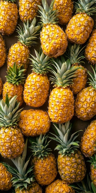 Vibrant pineapples are arranged beautifully showcasing their golden yellow and green hues This image captures a tropical essence and can inspire food arrangements and design projects AI