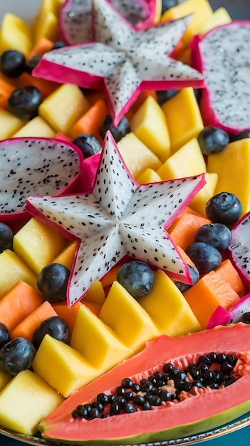 A vibrant tropical fruit salad featuring starfruit slices