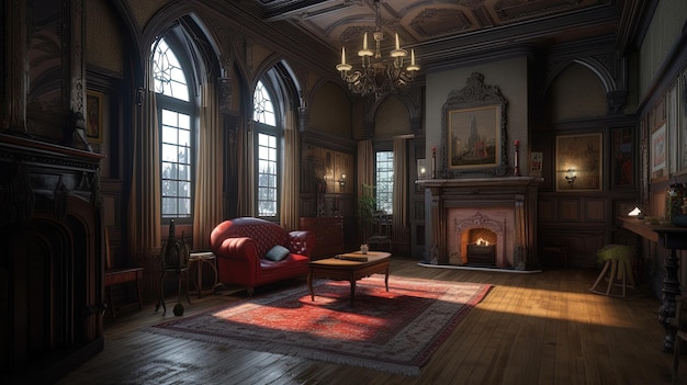 The Victorian Gothic living room is a stunning display of dark opulence with its dramatic architecture rich textiles and ornate furnishings Generated by AI