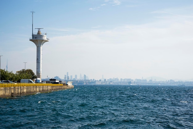 View of the city of Istanbul from the European part of the city with the sea and the tower