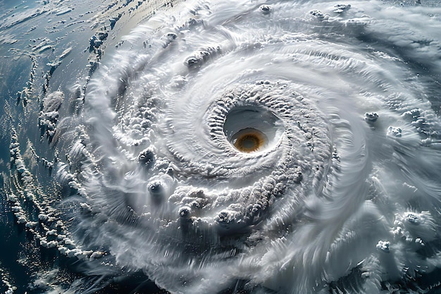 A view of the eye from above showing swirling clouds and strong winds in an extreme weather event l