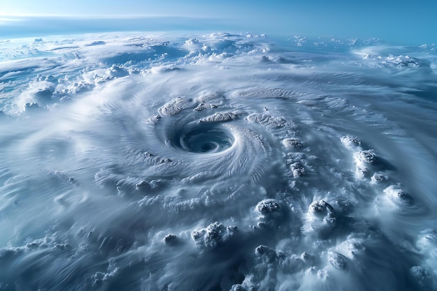 A view of the eye from above showing swirling clouds and strong winds in an extreme weather event l