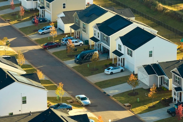 View from above of densely built residential houses in living area in South Carolina American dream homes as example of real estate development in US suburbs