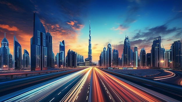 the view of the futuristic Dubai skyline and Syeikh Zayed with beautiful sunset sky