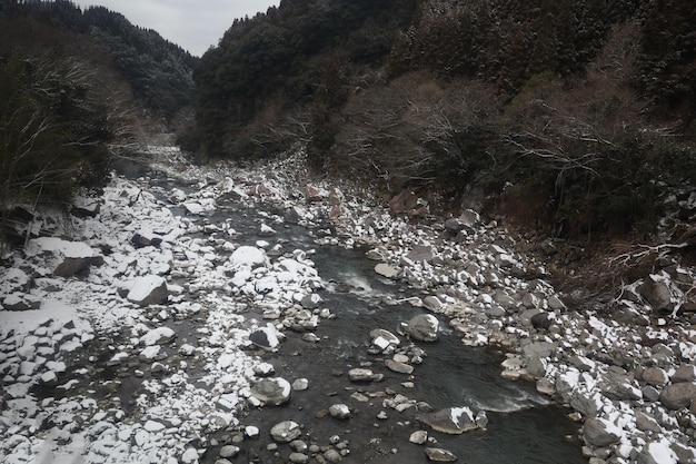 View of landscape Yufuin village in the winter after snow fall