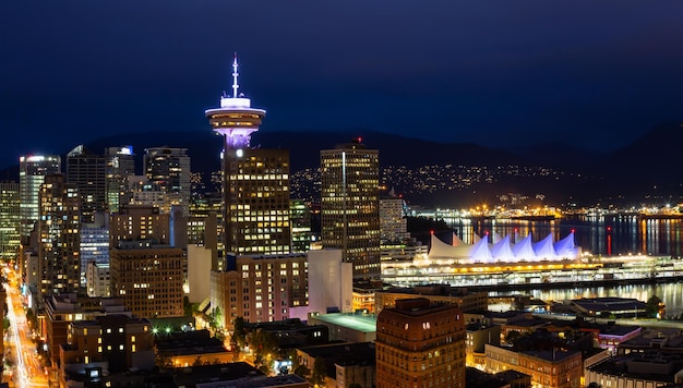 View of the modern cityscape from an aerial perspective at night