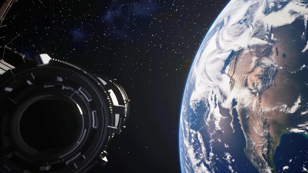 Photo view of the planet earth from a space station 3d rendering