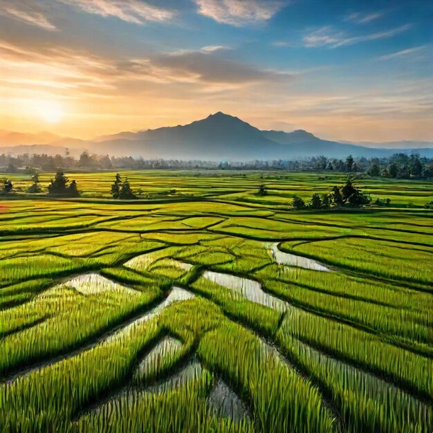 Photo a view of rice fields with a mountain in the background