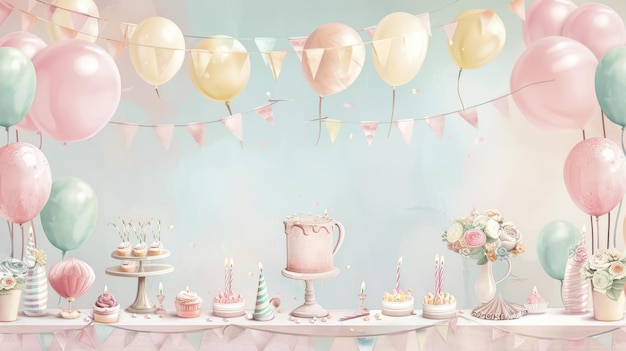 Vintage Birthday Background with Pastel Balloons and Classic Decorations for Celebrations