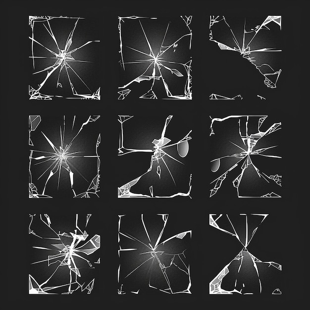 Photo vintage broken glass windows black background set icons