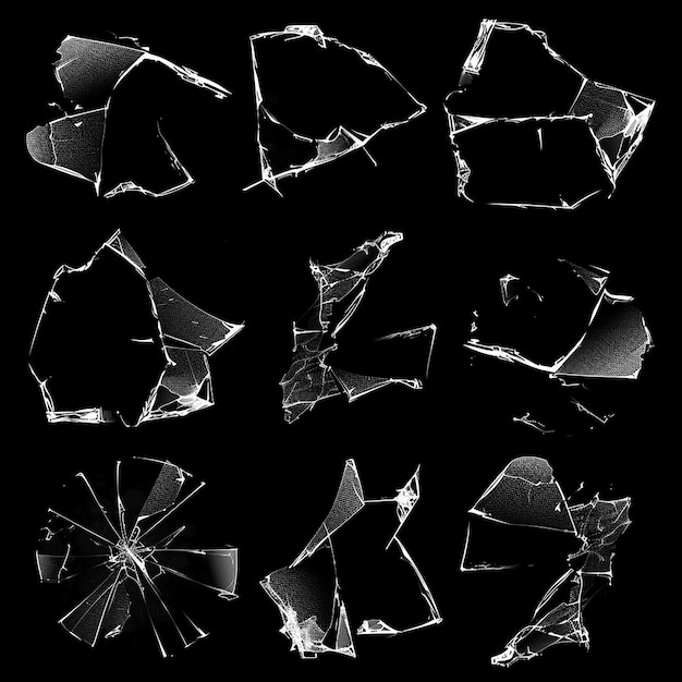 Photo vintage broken glass windows black background set icons