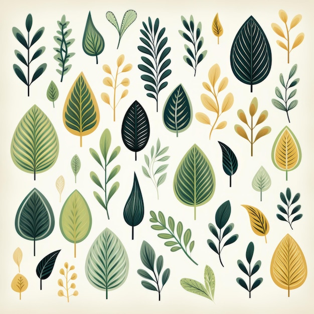 Vintage Leaves Whimsical Flat Color Illustration With Minimalistic Elements