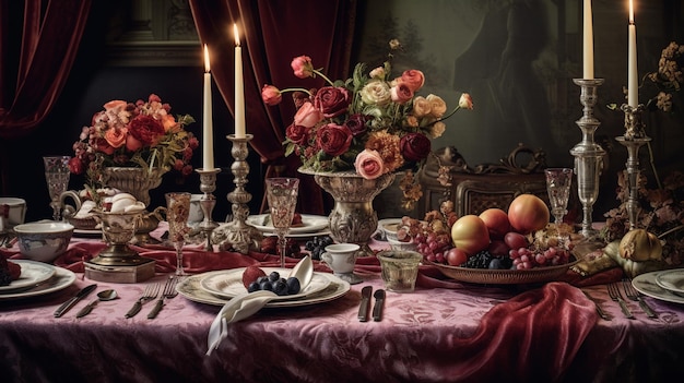 Vintage table setting with plates and cutlery selective focus