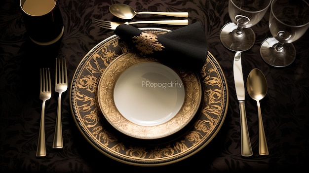 Vintage table setting with plates and cutlery selective focus