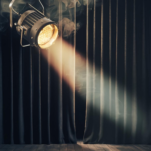 Photo vintage theatre spot light on black curtain with smoke