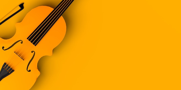 Violin on yellow background. Copy space. 3D illustration.