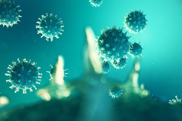 Viral hepatitis infection causing chronic liver disease. Hepatitis viruses. Influenza Virus H1N1. Swine Flu, cell infect organism. Virus abstract background. 3d illustration.